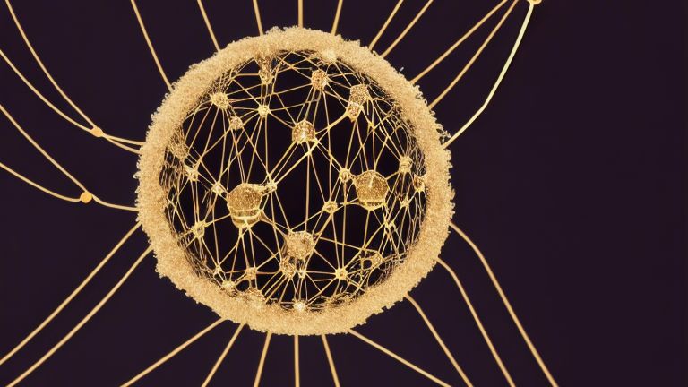 a network of golden nodes connected by vibrant, flowing lines on a dark background, representing a global network of advertisers and audiences.
