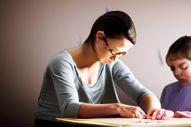 a female teacher seating on a table, supporting a blind learner in classroom