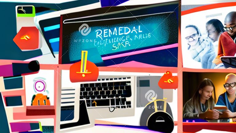 An inviting homepage visual for Remedial Corner showing a diverse group of learners engaged with accessible educational content on a glowing computer screen in a cozy, modern study space, surrounded by books, digital tablets, headphones, and interactive icons for various subjects, including a virtual science lab