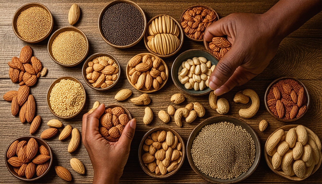East African hand holding nuts, seeds assortment.
