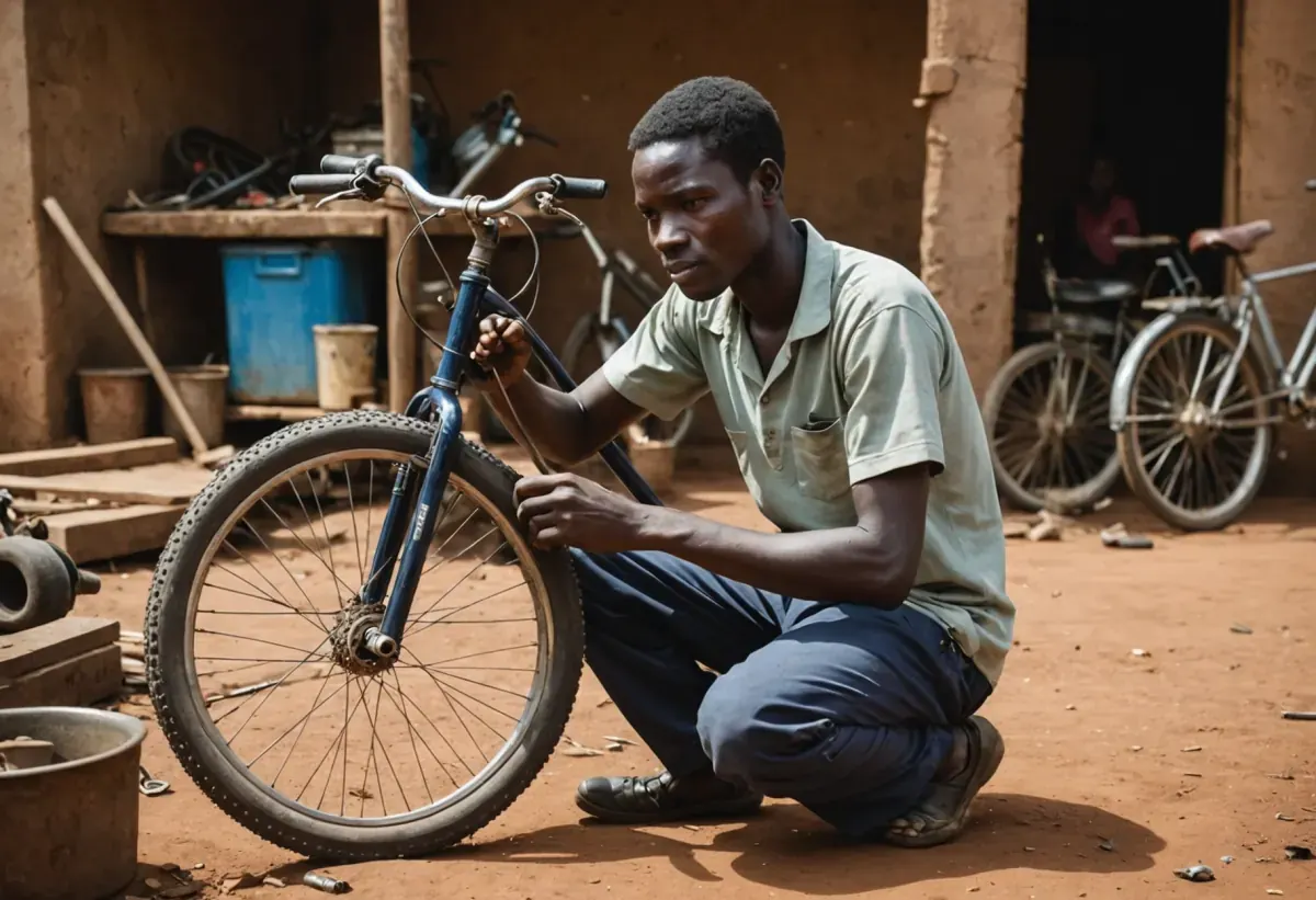 Young Ugandan mechanic repairing a bicycle in a roadside workshop