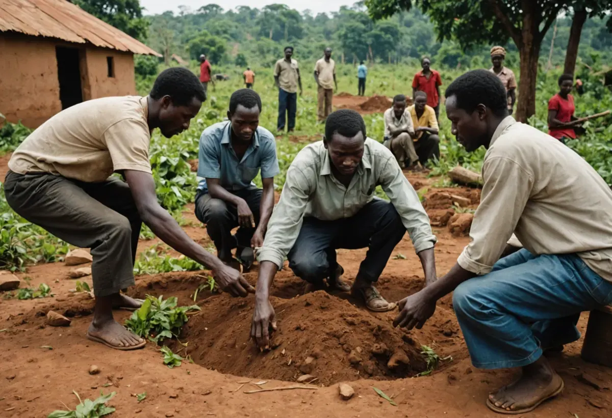 Ugandan community members working together to clear a shared open space
