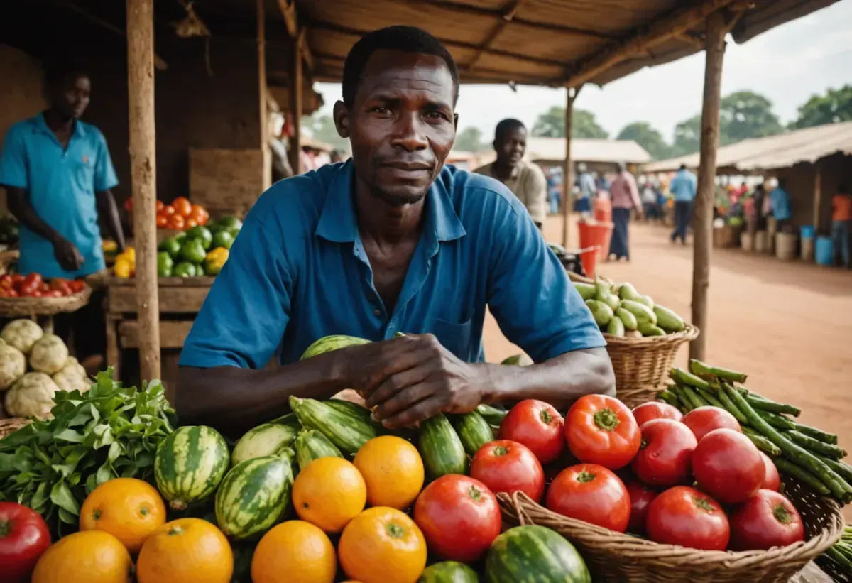 A market vendor selling fresh produce at a Ugandan roadside market