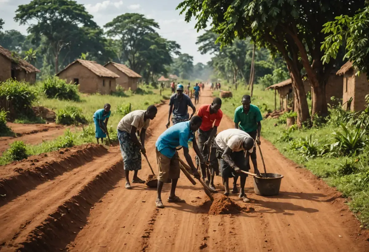 Community members working together to clear a road in a Ugandan village